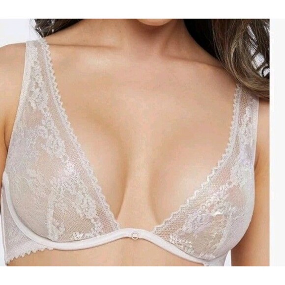 Savage x Fenty Caged Bra Size 34DD Unlined Floral Lace Beige Strappy Waist Tie - Picture 6 of 13